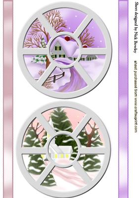 Through the Circle Windows Snow Scene of Church & Cottage