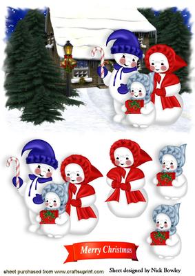 Cute Snowman Family with Winter Snow Scene