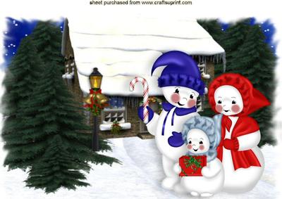 Cute Snowman Family with Winter Scene A4