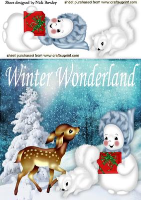 Cute White Squirrel with Little Deer and Snoman
