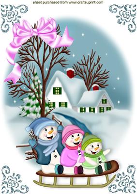 Snowmen on a Sleigh Ride with Snow Cottage Scene A4