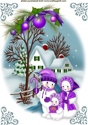 Cute Snowman Family All Dressed Up in Purple with Snow Scene