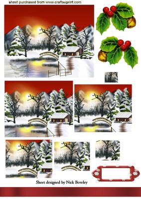 Christmas Snow Scene of Pyramids with Holly