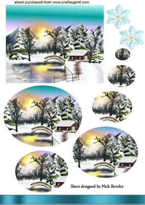 Snow Scene with Bridge and Cottage Oval Pyramids