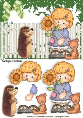 Little Girl with Her Teddy in the Garden with Hedgehog