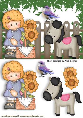 Little Girl with Basket of Flowers and Pony