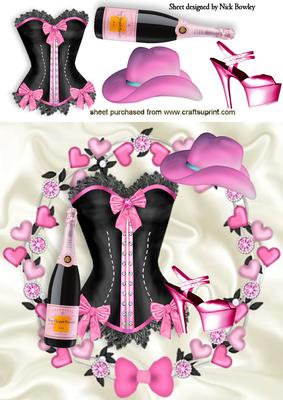 Gorgeous Pink and Black Basque with Champagne and Hat