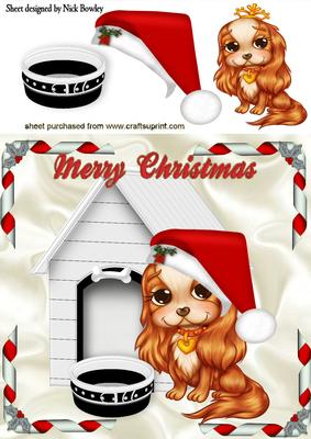 Cute Cavalier in Santa Hat with Dog House
