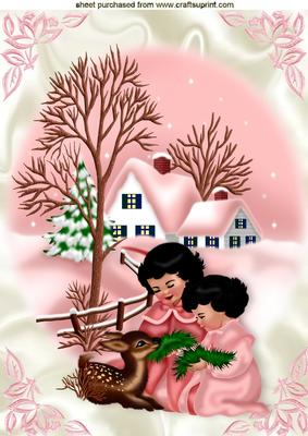 Little Girls with Cute Deer and Cottage Snow Scene A4