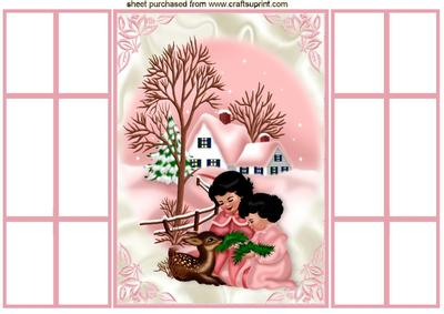Little Girls with Deer and Cottage Scene French Gatefold