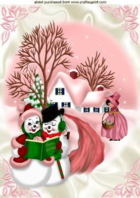 Little Lady with Snowmen Singing in Snow Scene A4