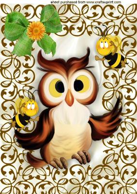 Cute Little Owl with Bees in Filigree Gold Frame A4