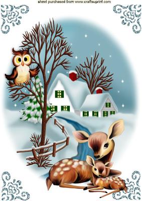 Deer with Snow Cottage Christmas Scene A4