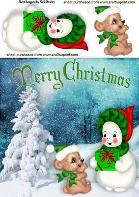 Little Teddy with Snowman in Snow Scene