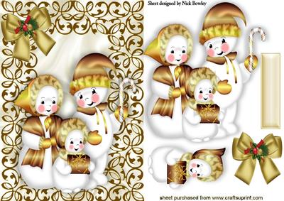 Snowman Family in Gold Filigree Frame with Gold Bow