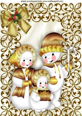 Snowman Family in Gold Filigree Frame with Gold Bow A4