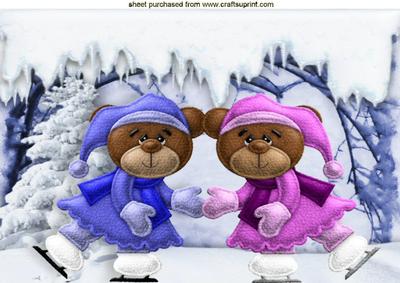 Skating Bears in Pink and Blue A4