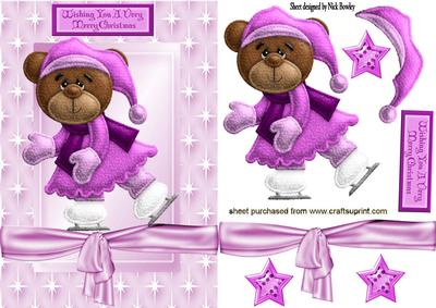 Little Skating Girl Teddy in Pink in Star Frame