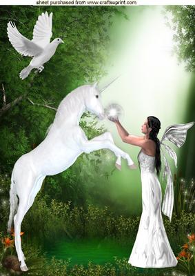 Fantasy Unicorn with Dove and Faerie A4