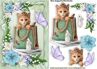 Cute Cat in a Bag with Butterlies and Flowers