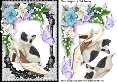 Kitten with Shoe, Butterflies and Flowers in Lace Frame