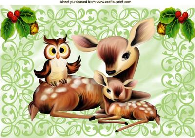 Cute Deers with Holly in Filigree Frame A4
