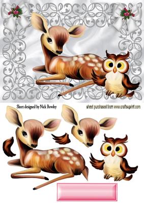 Cute Deer with Cute Owl in Silver Filigree Frame