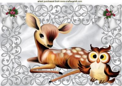 Cute Deer with Cute Owl in Silver Filigree Frame A4