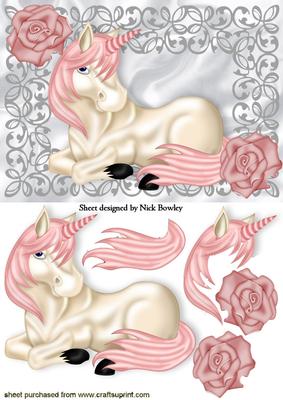 Pretty Unicorn with Pink Rose in Siver Filigree Frame