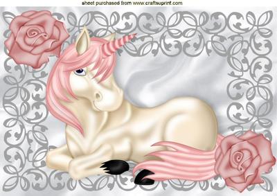 Pretty Unicorn with Pink Rose in Silver Frame A4