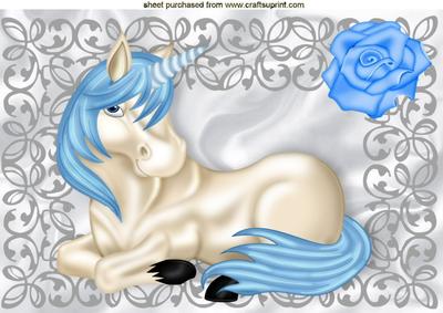 Pretty Unicorn with Blue Rose in Silver Frame A4