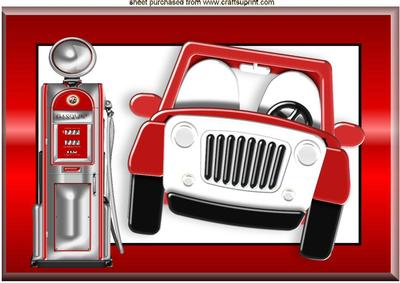 Red Car with Petrol Pump in Red Frame A4
