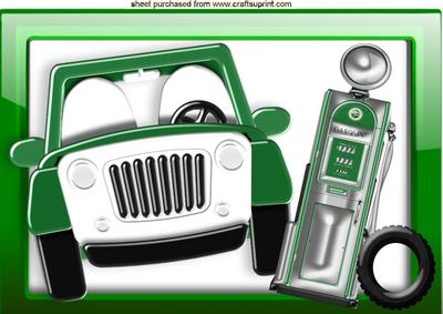Green Car with Petrol Pump in Green Frame A4