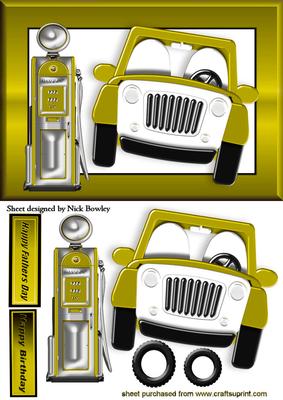 Gold Car with Petrol Pump in Gold Frame