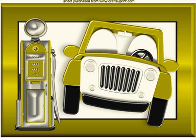 Gold Car with Petrol Pump in Gold Frame A4