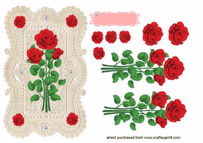 Elegant Red Rose Decoupage on Ecru Lace Background