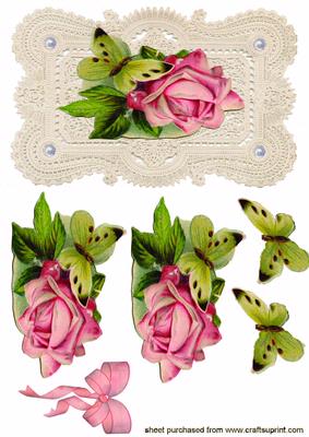 Elegant Pink Rose & Butterfly on Ecru Lace Background