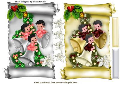 Christmas Angels with Bells on Silver/gold Scroll Toppers