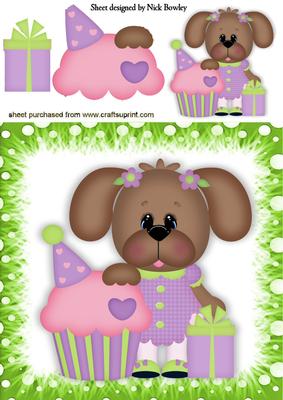 Birthday Puppy Girl with Presents and Cupcake