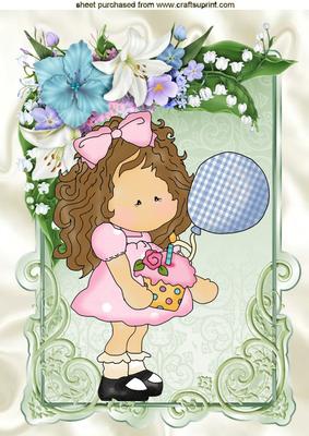 Birthday Girl with Balloons in Frame of Flowers A4
