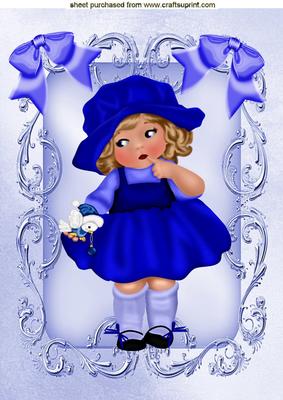 Little Girl with Blue Bird and Blue Bows A4