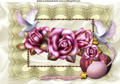 Beautiful Roses in Lace Frame with Doves and Perfume A4