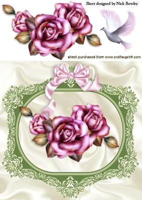 Green Lace with Opulent Pink Roses and Dove
