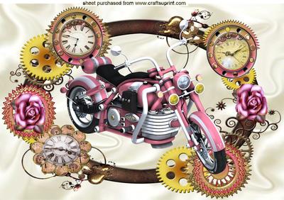 Pink Motorbike in Steampunk Frame of Clocks and Roses A4