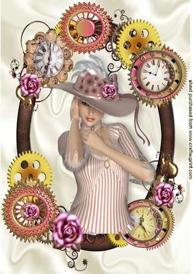 Pretty Lady in Hat in Steampunk Frame with Roses A4