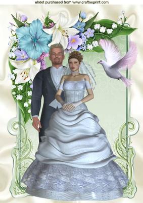 Bride and Groom in Flower Frame with Dove A4