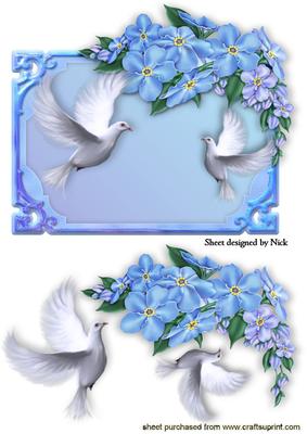 White Doves in Frame of Blue Flowers