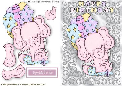 Pinky the Elephant with Balloons in Silver Filigree Frame