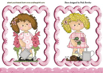 Gardening Toppers of Two Little Girls with Flowers