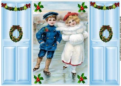 Vintage Christmas Children Ice Skating Scene Gate Fold